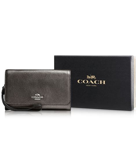 coach boxed phone clutch in metallic crossgrain leather|Coach.